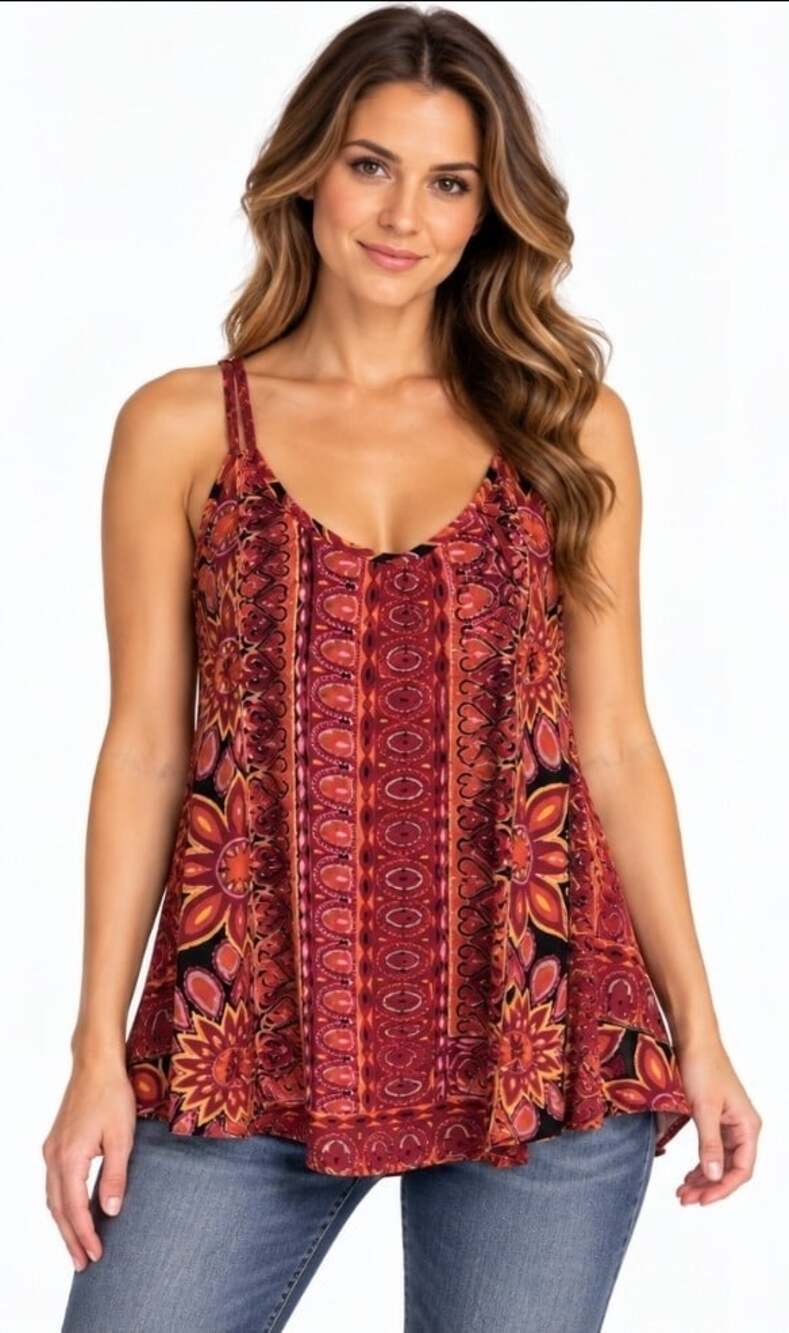New Angie Boho Floral Paisley Geometric Print Blouse Hippie Peasent Medium T100